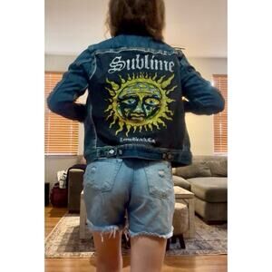 SUBLIME Upcycled Retro Vintage Denim Jacket Punk Rock 90s Reworked Custom Size S